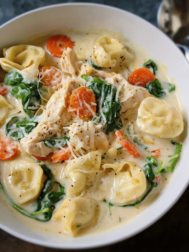 Chicken Alfredo Soup with Tortellini in a bowl