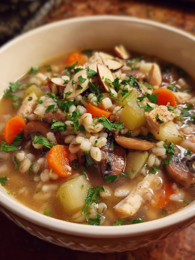 Chicken Barley Vegetable Soup in a bowl with vegetables and barley