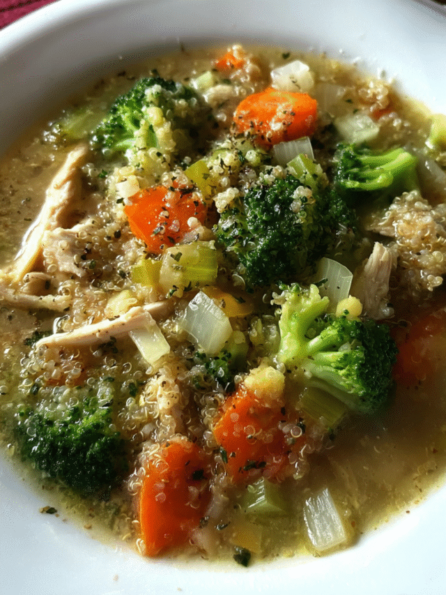 Chicken Broccoli Quinoa Soup in a bowl with broccoli, quinoa, and shredded chicken