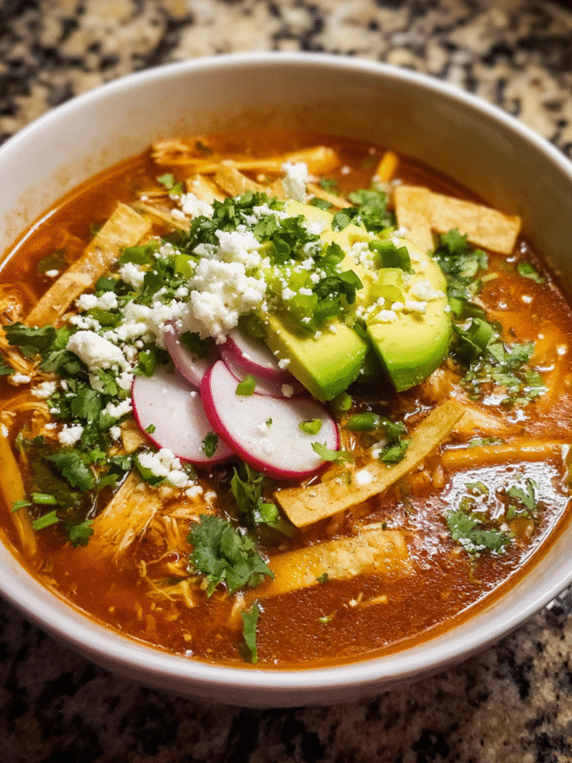 Chicken Enchilada Tortilla Soup with shredded chicken and crispy tortilla strips