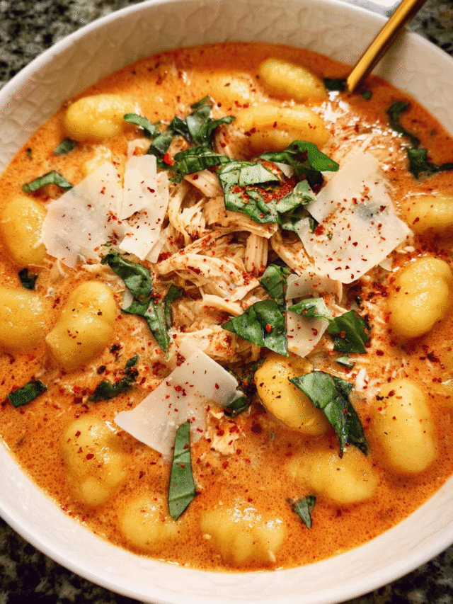 Chicken Parmesan Gnocchi Soup in a bowl with basil and parmesan