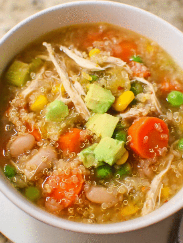 Bowl of homemade Chicken Vegetable Quinoa Soup with vegetables