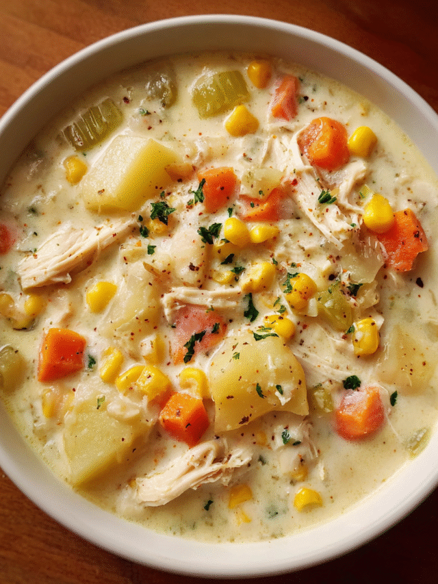 Bowl of creamy chicken and corn chowder with potatoes and vegetables
