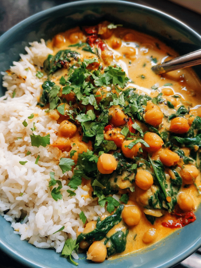 Chickpea curry with spinach served over jasmine rice