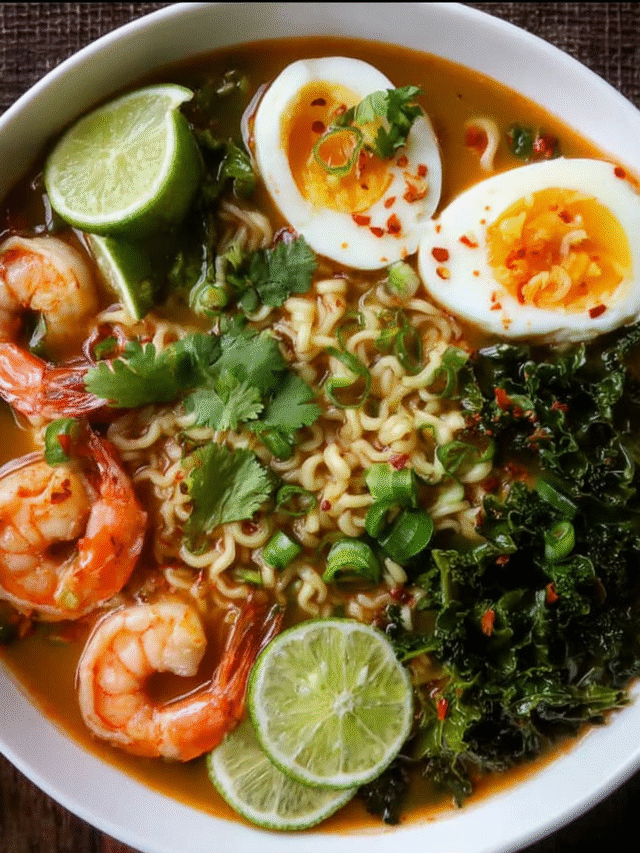 Bowl of Coconut Lime Shrimp Ramen with kale, shrimp, and fresh herbs.