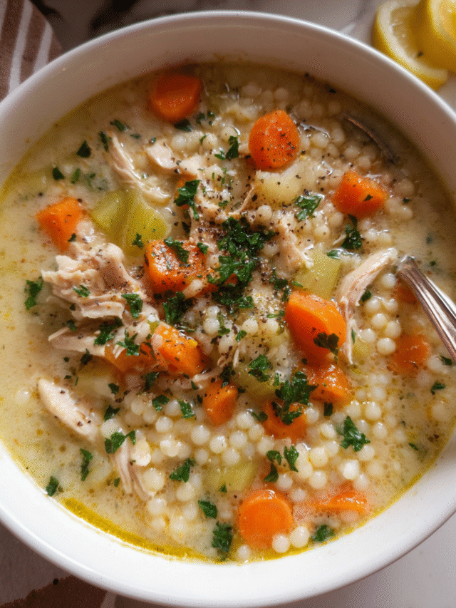 Creamy Chicken Couscous Soup in a bowl with vegetables and herbs