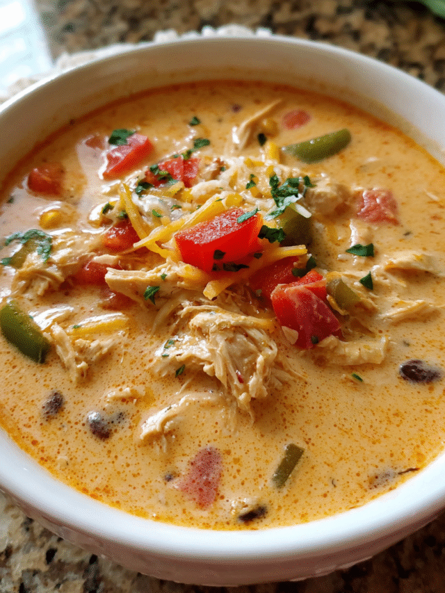 Creamy chicken fajita soup in a bowl with peppers and cheese