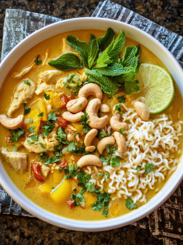 Creamy coconut curry chicken ramen in a bowl