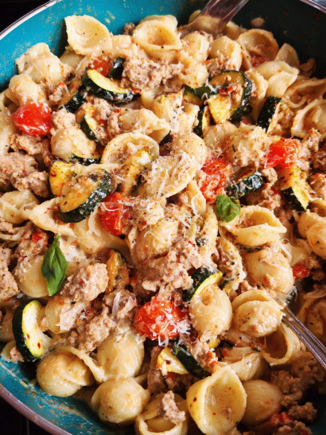 Creamy ground turkey pasta with roasted zucchini and tomatoes