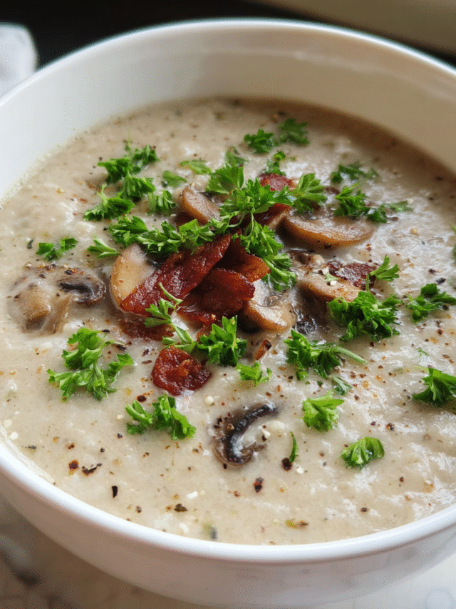 Creamy Mushroom and Leek Soup in a bowl with fresh parsley garnish
