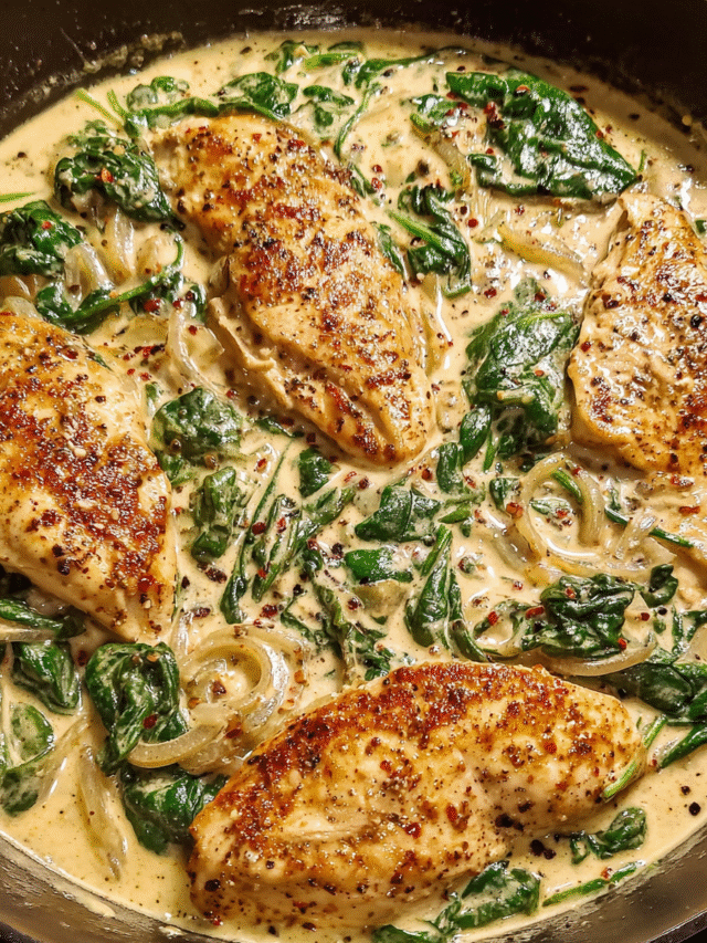 Creamy one-pot chicken with spinach in skillet