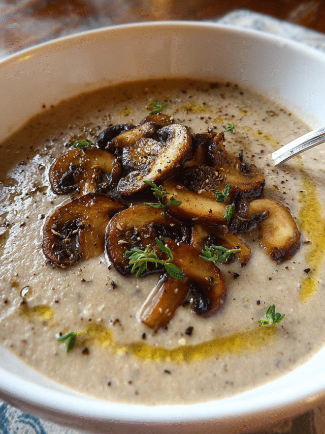 Creamy Roasted Mushroom Soup in a bowl with thyme garnish