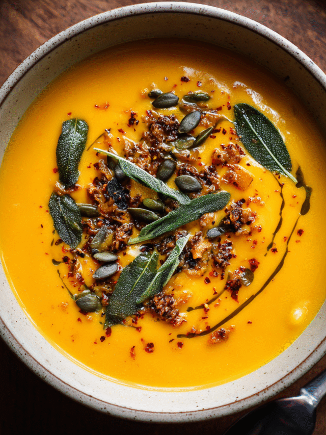 Creamy roasted pumpkin sage soup served with crispy sage and seeds