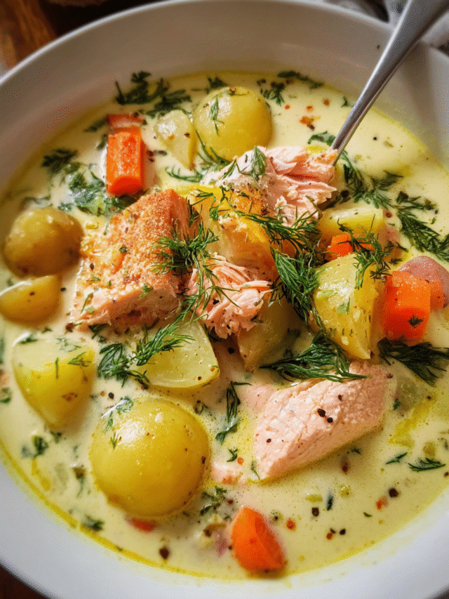 Creamy salmon soup with lemon and fresh dill