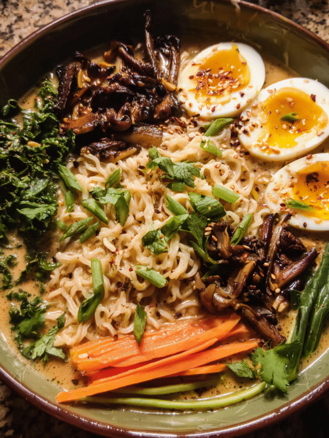 Creamy sesame miso ramen with mushrooms and eggs