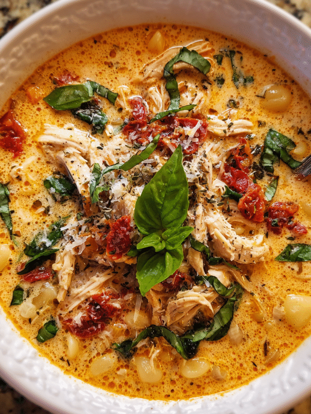 Creamy sun-dried tomato chicken soup in a bowl