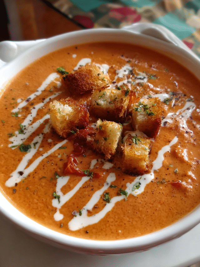 Creamy sun-dried tomato and basil soup in a bowl