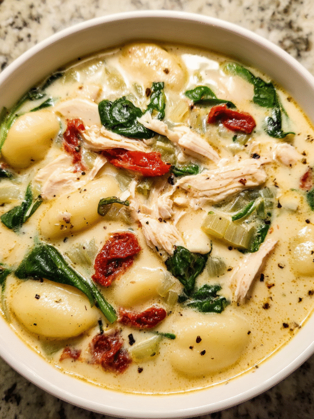 Creamy Tuscan Gnocchi Soup in a bowl with spinach and chicken