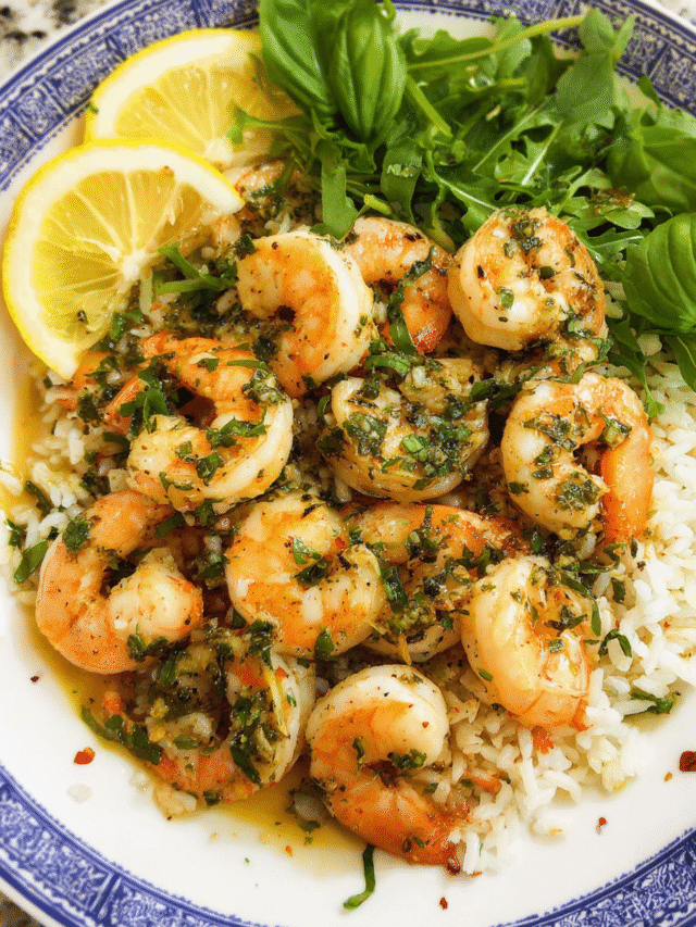 Easy lemon butter shrimp served over fluffy jasmine rice