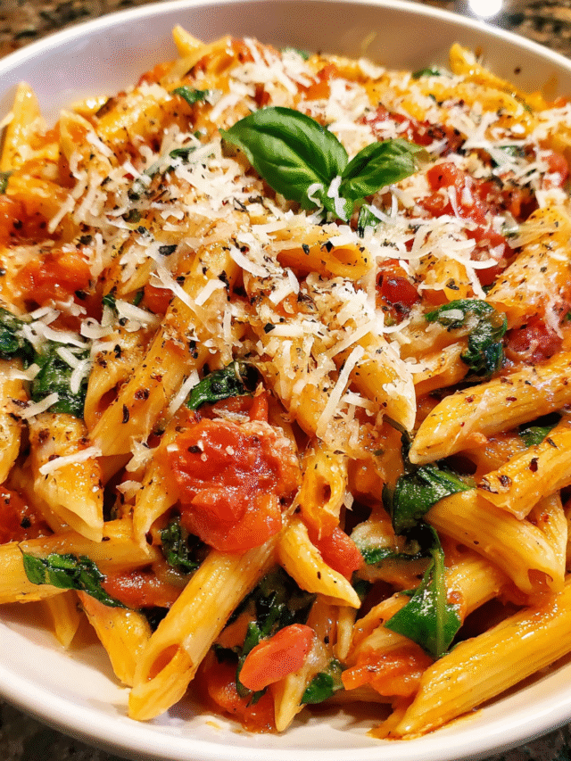 Easy one-pot tomato basil pasta with spinach and parmesan