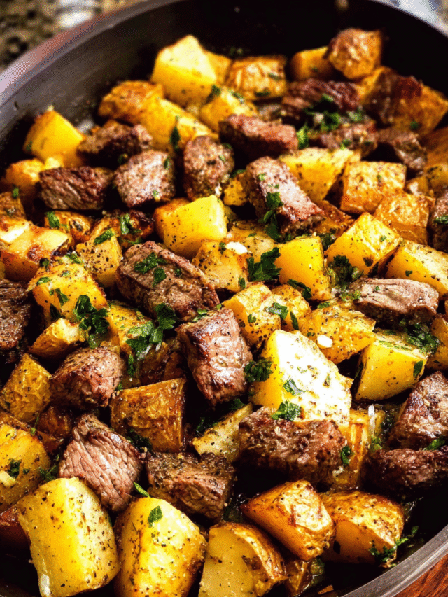 Garlic butter steak bites with potatoes in a cast iron skillet