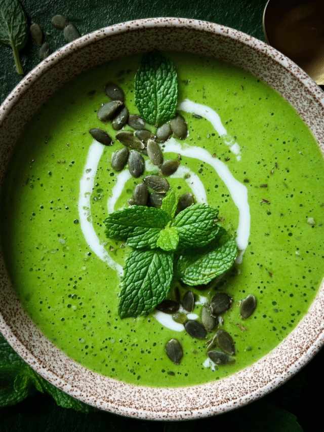 Ginger and Mint Broccoli Pea Soup served in a bowl