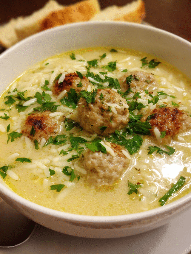 Bowl of Greek meatball soup with lemon broth