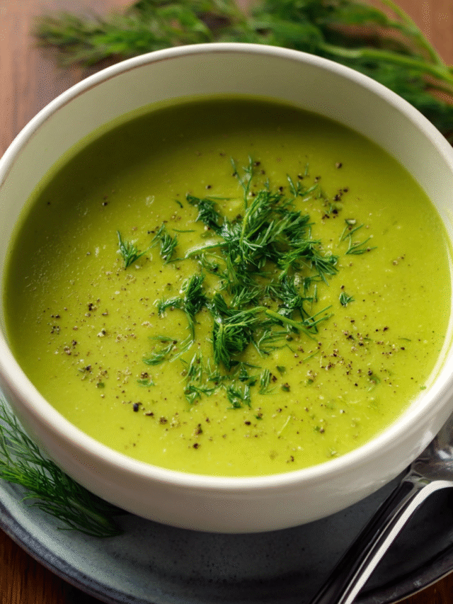 Green pea soup in a bowl with fresh dill garnish