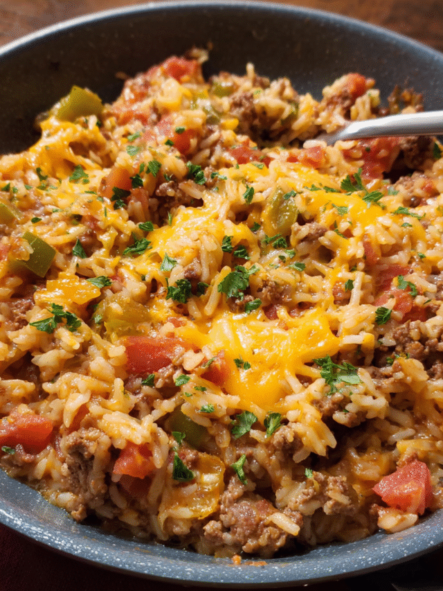 Ground beef and rice skillet cooked in a pan