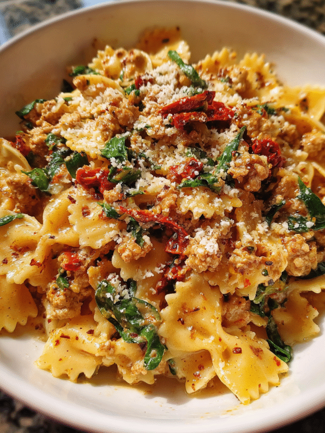 healthy creamy sun-dried tomato turkey pasta in skillet