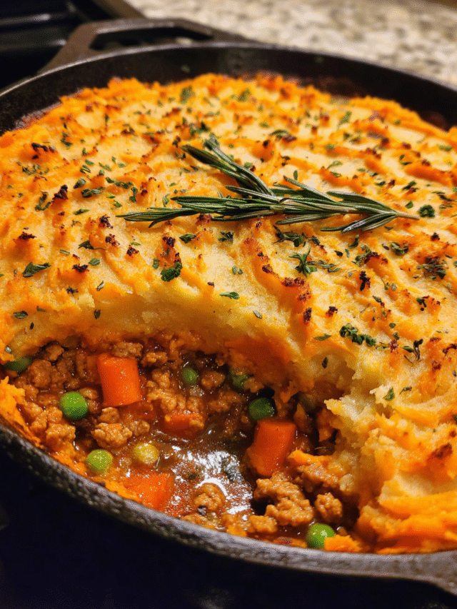 Healthy Shepherd’s Pie with Sweet Potato in skillet