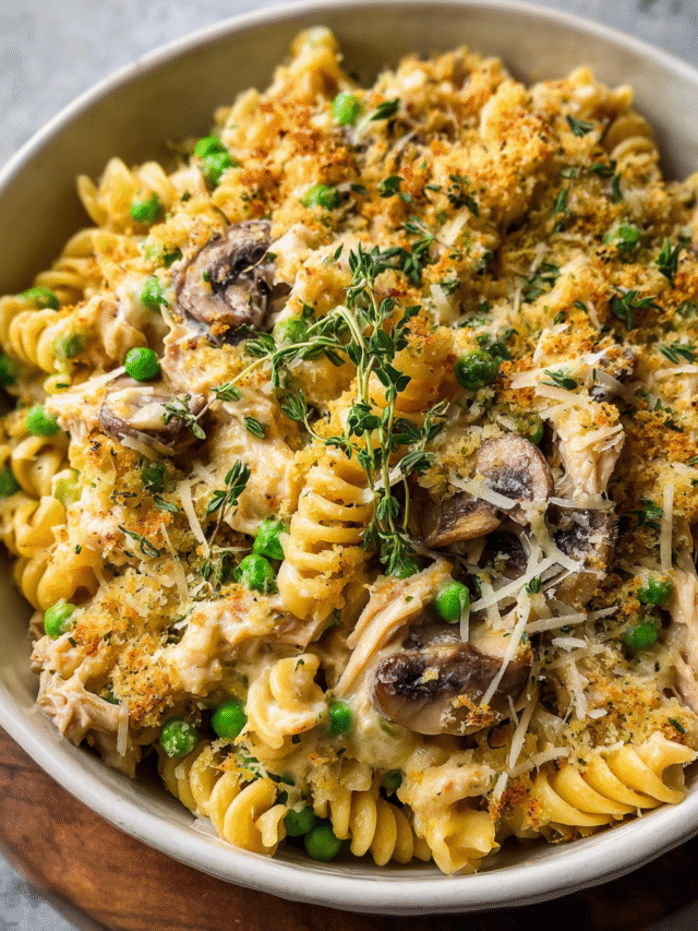 High-protein tuna noodle casserole baked until golden
