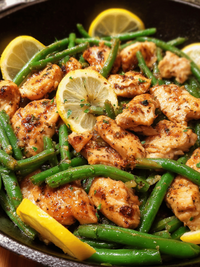 Lemon garlic chicken with green beans cooked in a skillet