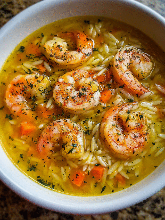 Lemon Shrimp Orzo Soup in a bowl with shrimp and citrus