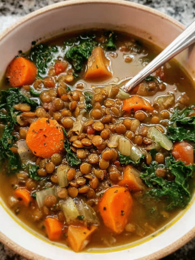 Bowl of Lentil Kale Soup with vegetables and greens