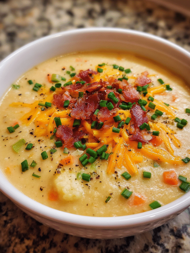 Creamy loaded cauliflower cheddar soup in a bowl topped with chives and melted cheese