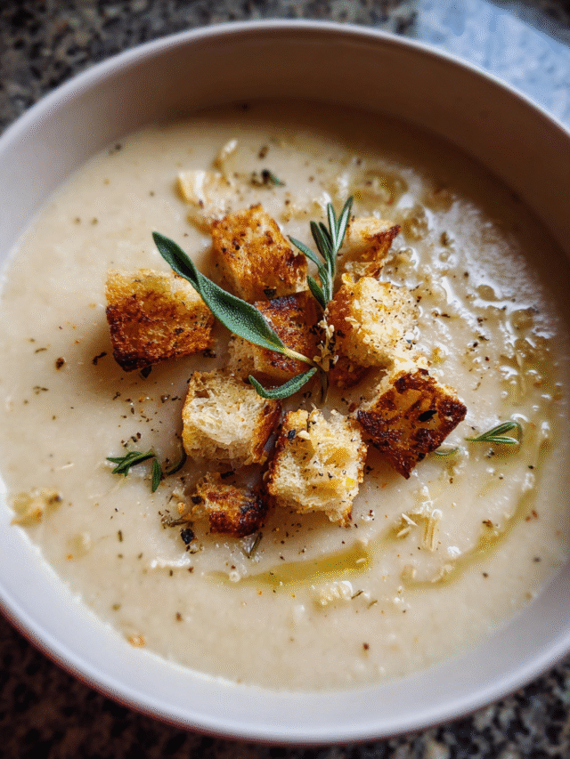 Maple Roasted Parsnip Soup in a bowl with croutons and herbs
