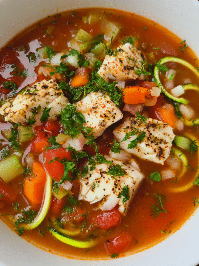 Mediterranean Fish Soup with halibut, vegetables, and fresh herbs