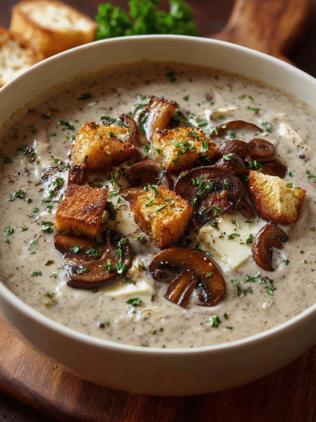 Bowl of Mushroom and Brie Soup with herbs