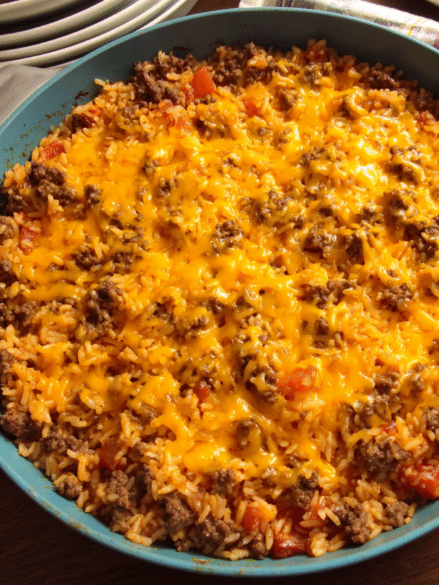 One-pan cheeseburger rice cooked in a skillet