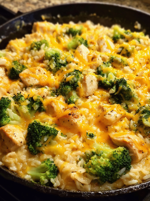 One-pan cheesy broccoli and rice with chicken in skillet