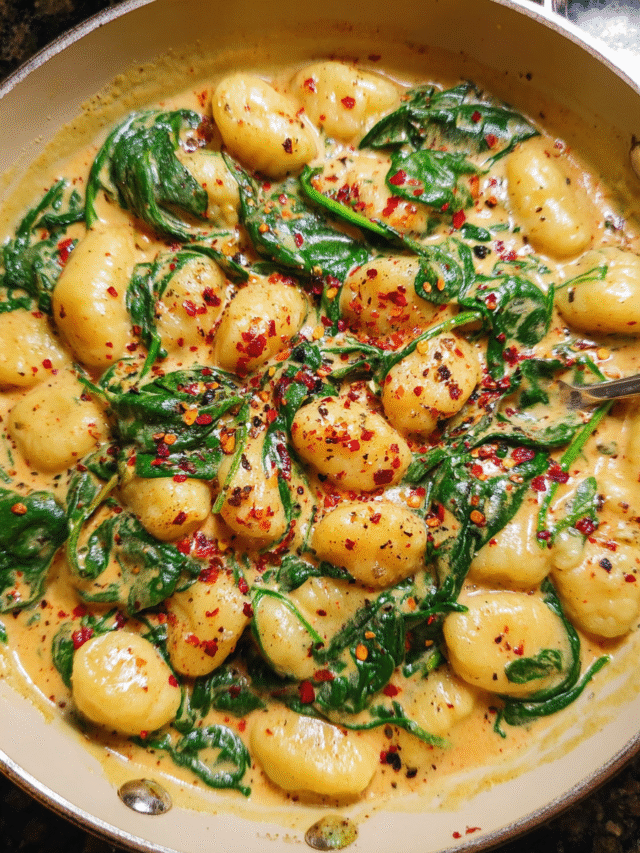 One-pan creamy gnocchi with spinach in a skillet