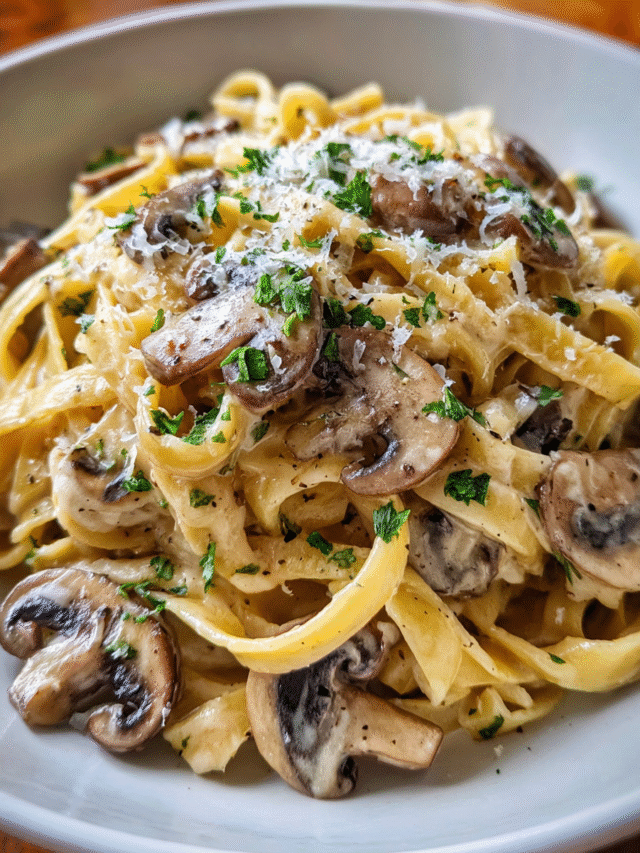One-pan creamy mushroom pasta served in a skillet