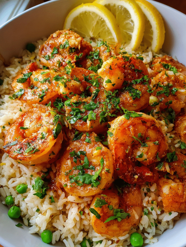 one pan garlic butter shrimp and rice in skillet