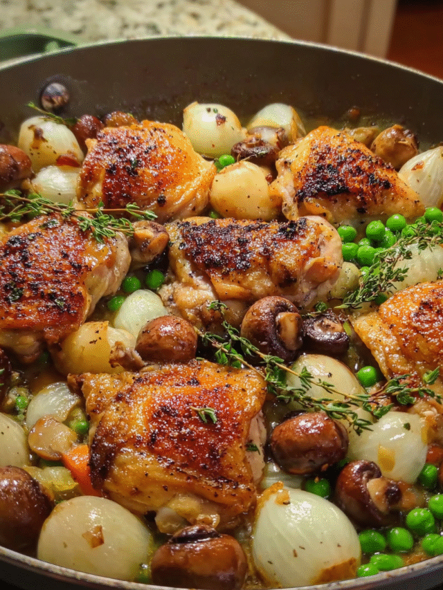 One-pan honey mustard chicken thighs with mushrooms and peas