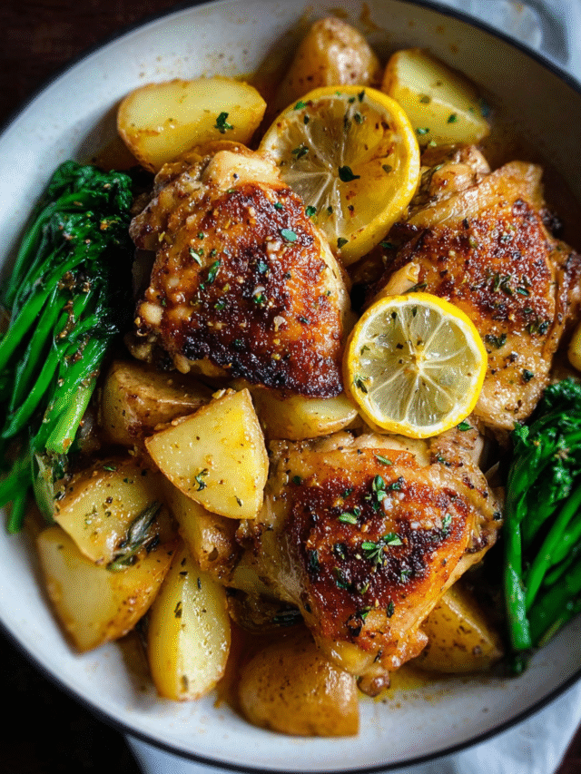 One-pan lemon chicken with roasted potatoes in baking dish