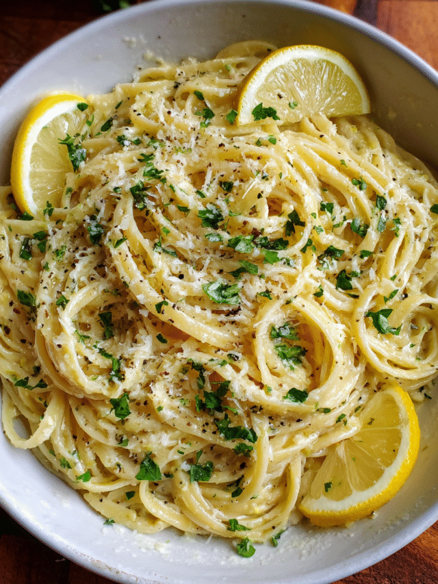 One-pan lemon garlic pasta served in a skillet