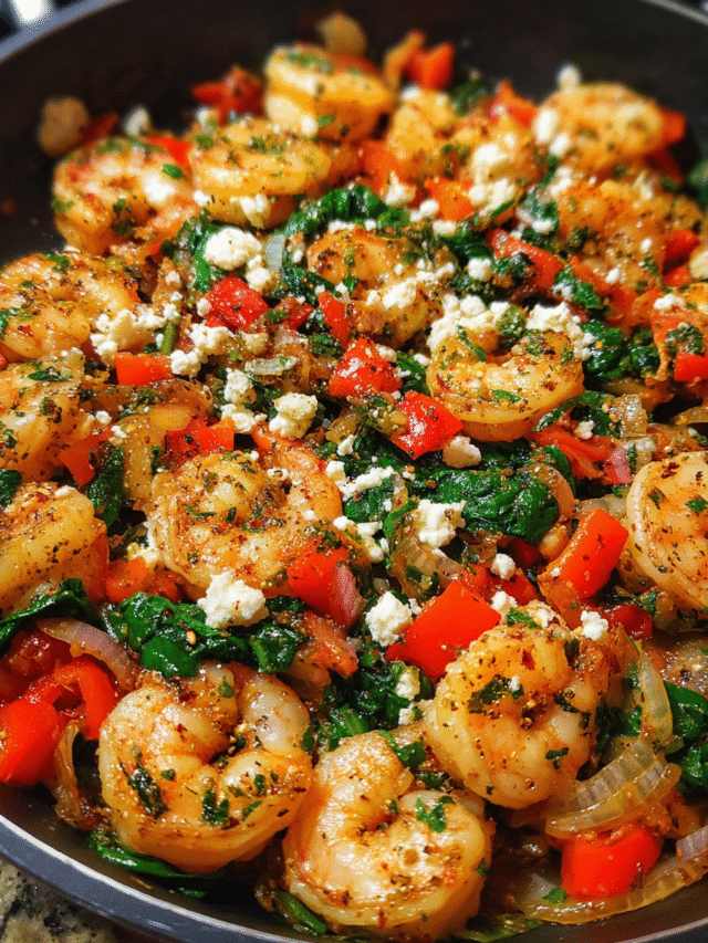 one-pan mediterranean shrimp skillet with spinach and feta