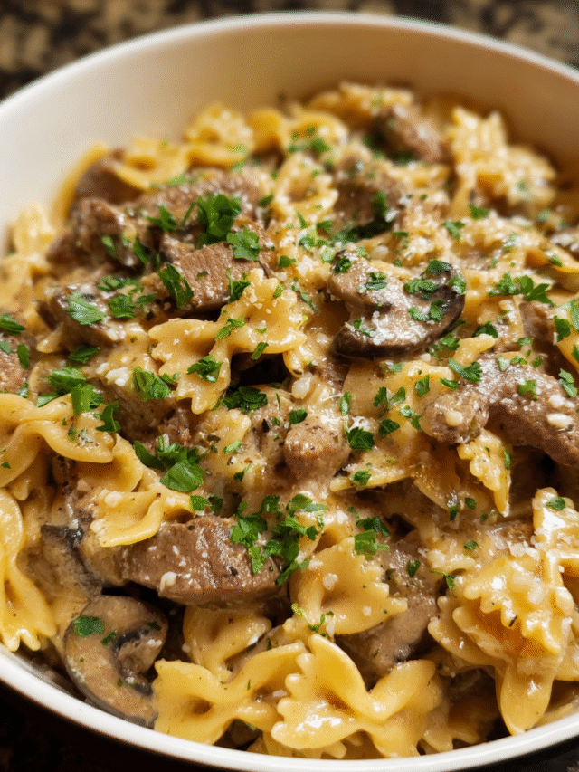 One Pot Beef Stroganoff Pasta served creamy in a skillet