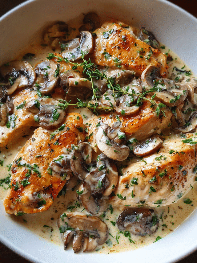 One-pot chicken and mushroom cream sauce in skillet